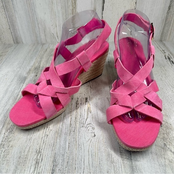 New Cole Haan Crystal Pink Neon Suede Wedge Sandals #195 - Picture 5 of 12
